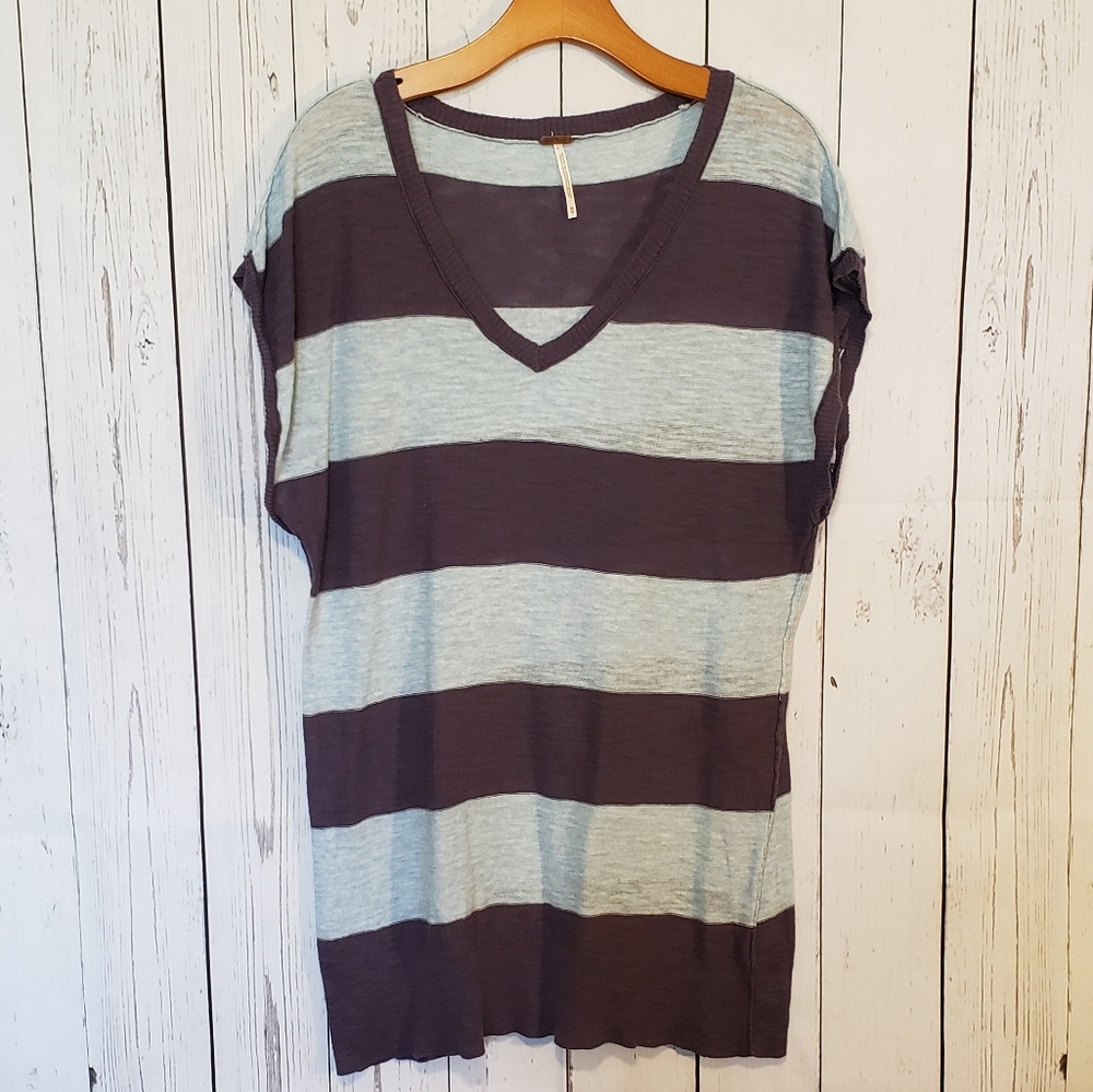 Free People Stripe V Neck Tunic Sweater Top M - Picture 1 of 4